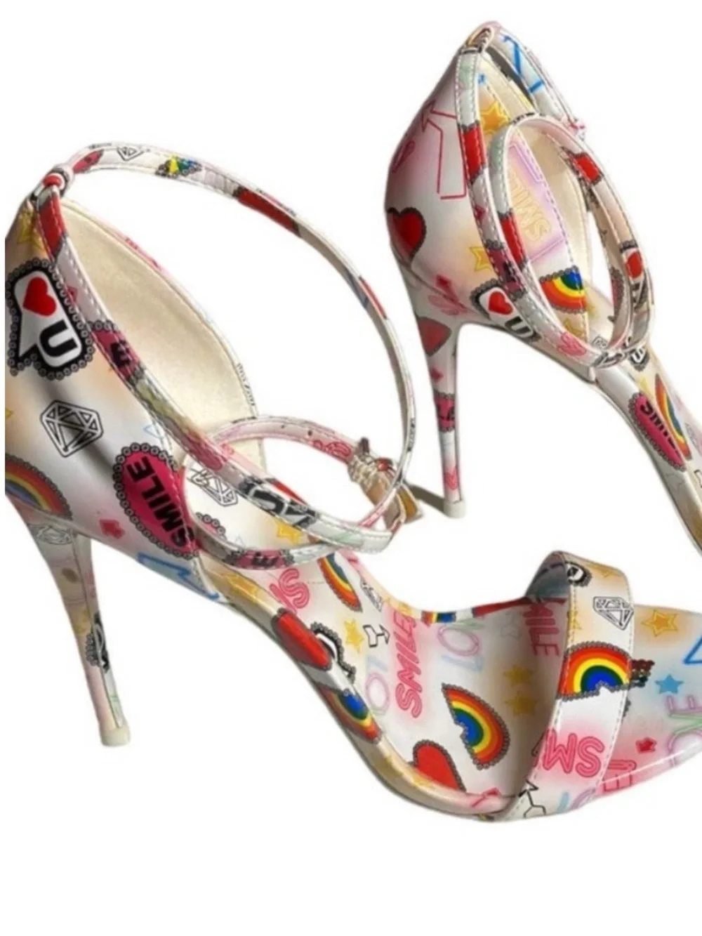 Aldo Sandyy Straps Heels size 7 Graffiti Emoji’s Rainbow New